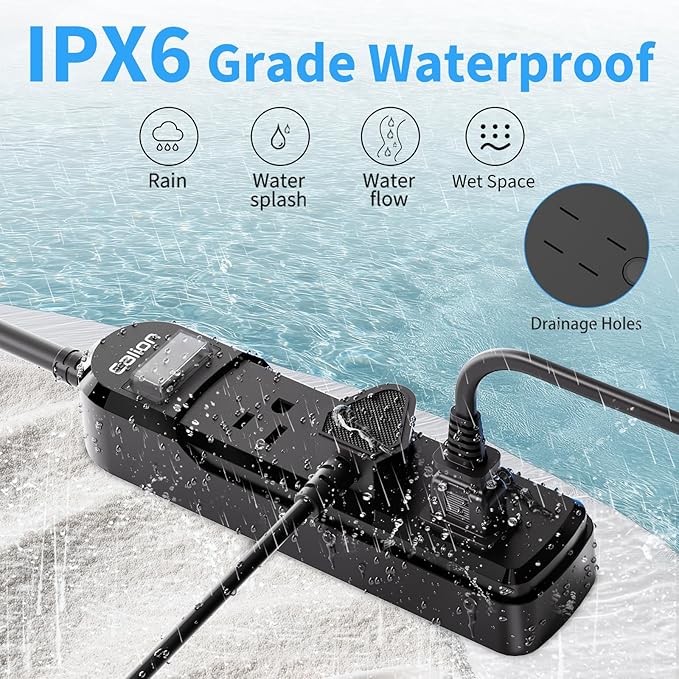 VNJ IPX6 Waterproof Outdoor Surge Protector Power Strip, 3AC Outlets 3FT Cord - Image 3
