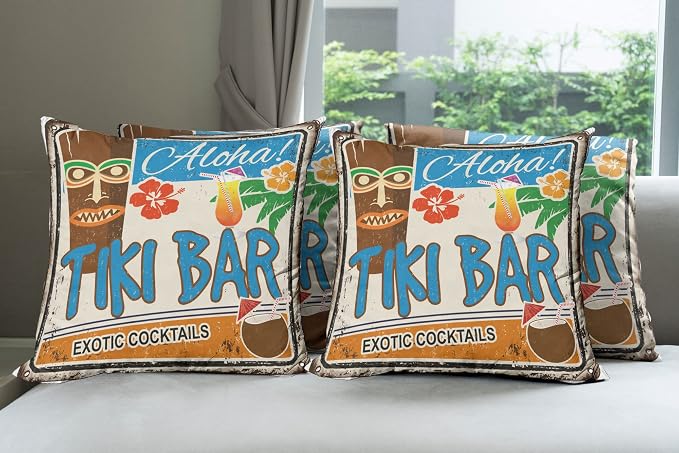 Ambesonne Tiki Bar Decorative Throw Pillow Case Pack of 4, Rusty Vintage Sign by Ambesonne