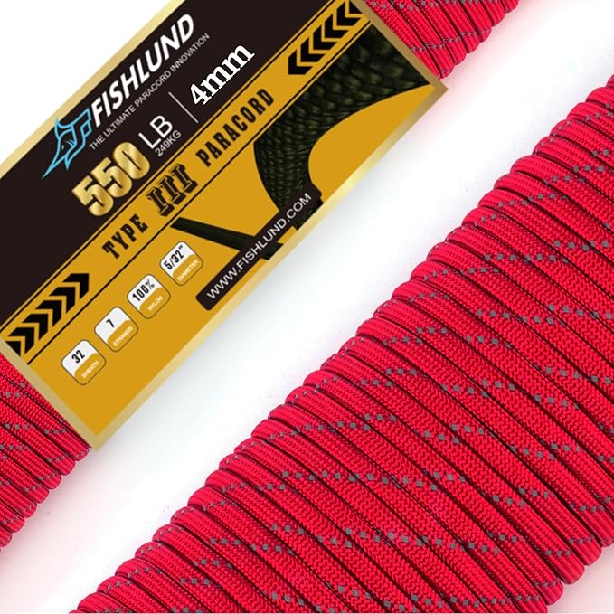 Reflective Paracord 550 lb, 7 Strand Paracord Rope 100ft 4mm, Nylon Parachute by FISHLUND