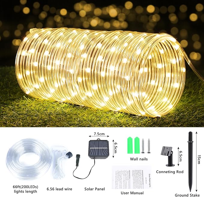 Solar Rope Lights, 66ft 200LED Solar String Lights, 8 Modes Waterproof Solar - Image 4