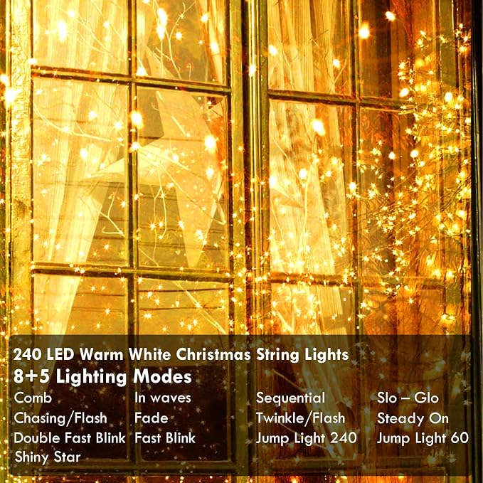 240LED 88Ft Connectable String Lights Indoor Outdoor Clear Wire | Warm White - Image 3