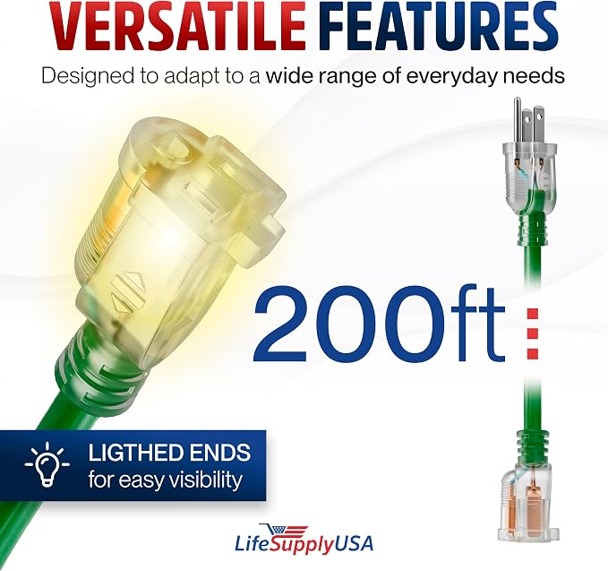 200ft Outdoor/Indoor Extension Cord 12/3 Gauge Extra Heavy Duty 3 Prong SJTW - Image 6