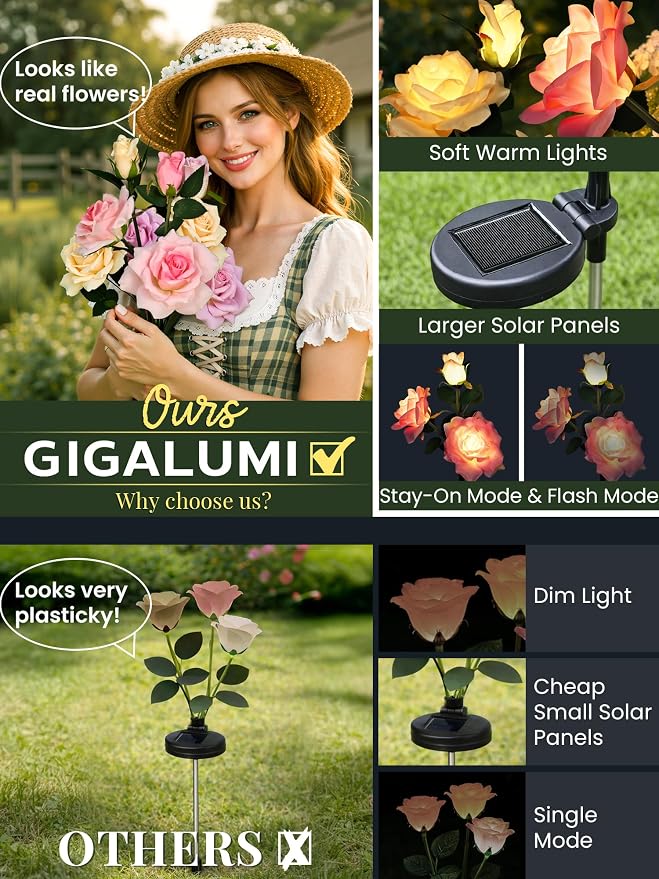 GIGALUMI Solar Lights Outdoor for Garden Decor, 3 Pack Solar Flower Lights - Image 2