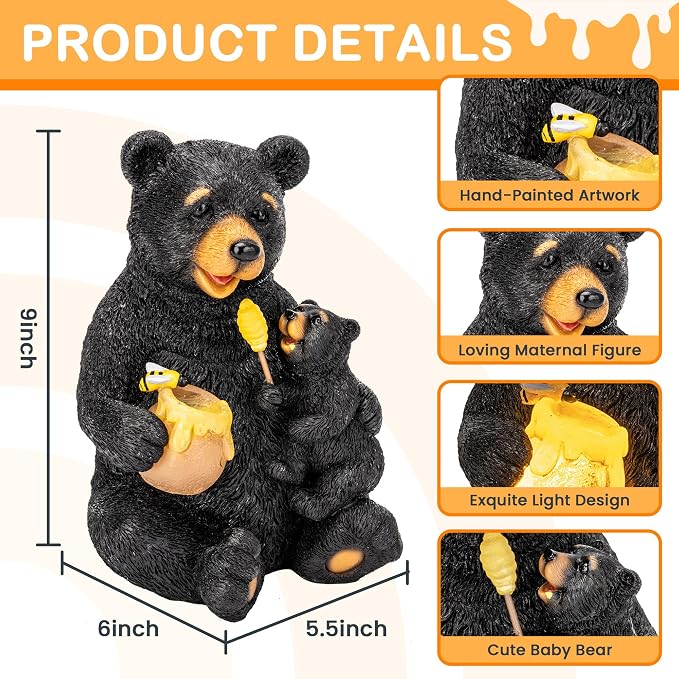GIGALUMI Solar Garden Statues Bears 9", Loving Black Bear Decor, Yard - Image 3