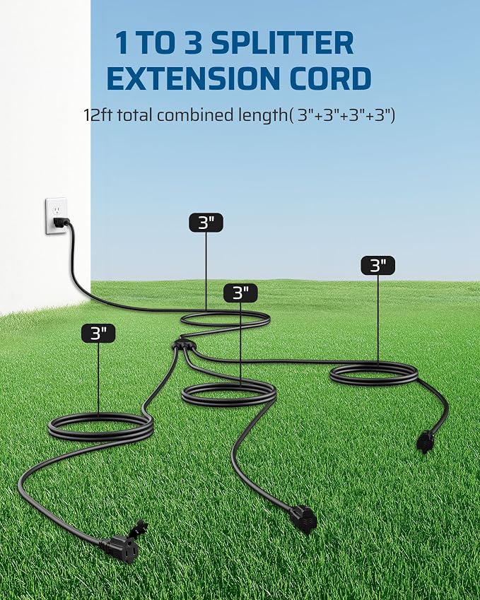 DEWENWILS Outdoor Extension Cord 1 to 3 Splitter, Total 12FT, 13A 125V 1625W - Image 2