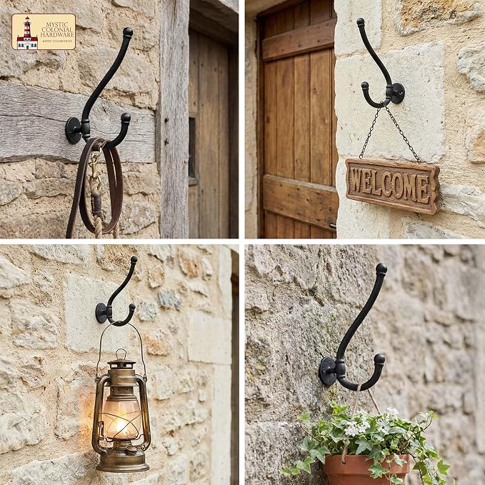 Mystic Colonial Rustic Cast Iron Wall Hooks, Heavy Duty Retro Utility Hanger - Image 4