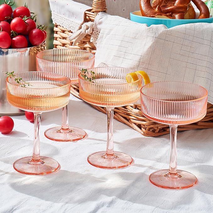 Khen Shatterproof Acrylic Ribbed Vintage Art Deco Coupe Glasses | Set of 4 | by Khen
