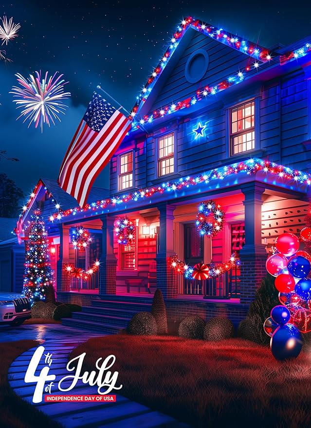 Minetom Red White Blue Lights, Waterproof Solar String Lights Outdoor, Solar - Image 5