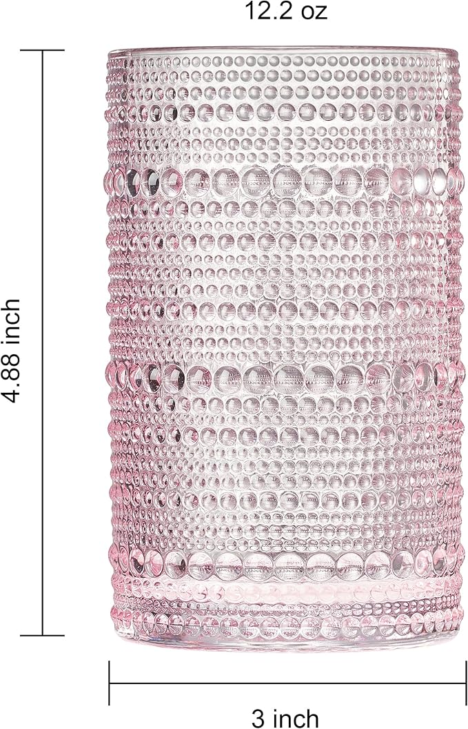 Khen Hobnail Beaded Highball Drinking Tumbler Glasses | Set of 6 | Pastel Pink - Image 5
