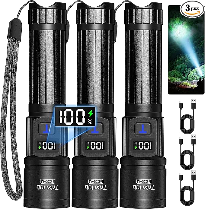 TrixHub Rechargeable Flashlights 3 Pack, Super Bright High Lumens Flash Light by TrixHub