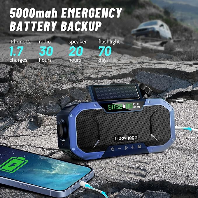 Bluetooth Hand Crank Emergency Solar Powered Radio, Waterproof Portable NOAA - Image 4