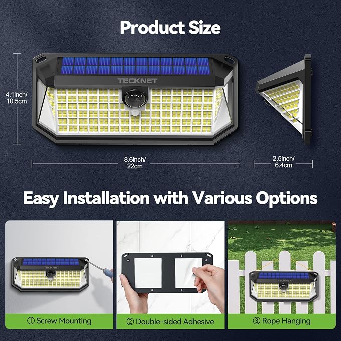 TECKNET 416 LED Solar Powered Outdoor Lights, 270° Angle & 3 Lighting Modes - Image 7