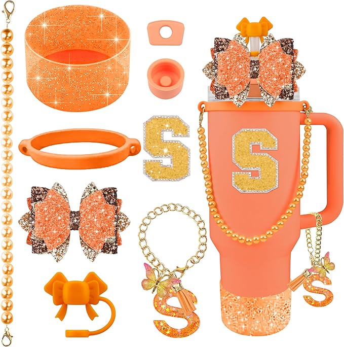 9PCS Orange for Stanley Cup Accessories Set Bling Initials Bow Charms for by Unknown