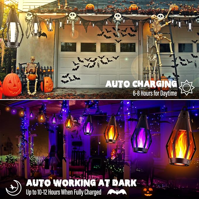 iBaycon Solar Halloween Lights, 42Ft 15 LED Bulbs Flickering Flame String Light - Image 4