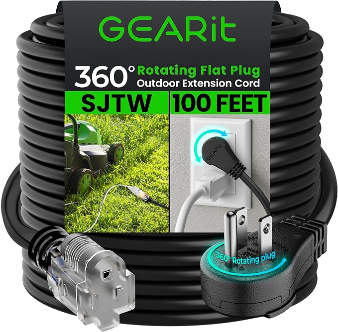 GEARit 100 Ft Extension Cords 16/3 Gauge 360° Rotating Plug Outdoor/Indoor SJTW by GEARit
