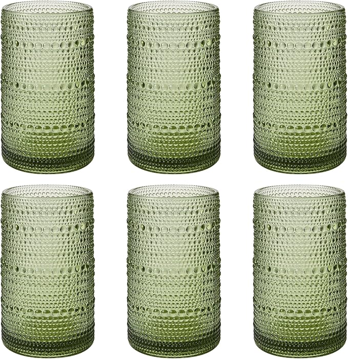 Vintage Hobnail Drinking Glasses Set of 6, 16 oz Large Capacity Embossed Green by Unknown