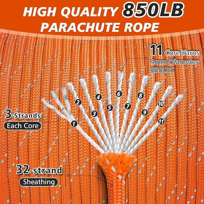 Reflective Paracord Rope 850Ib, 50/100/200/500/1000ft 4MM 11 Strand Strong - Image 2