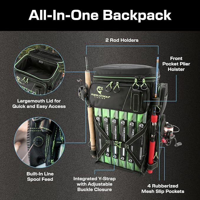 Evolution Fishing Drift Series Tackle Backpack, Outdoor Rucksack w/ 6 Fishing - Image 3