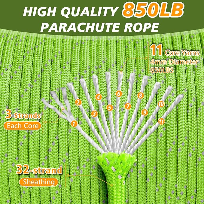 850Ib Reflective Paracord Rope, 50/100/200/500/1000ft 4MM 11 Strand Parachute - Image 2