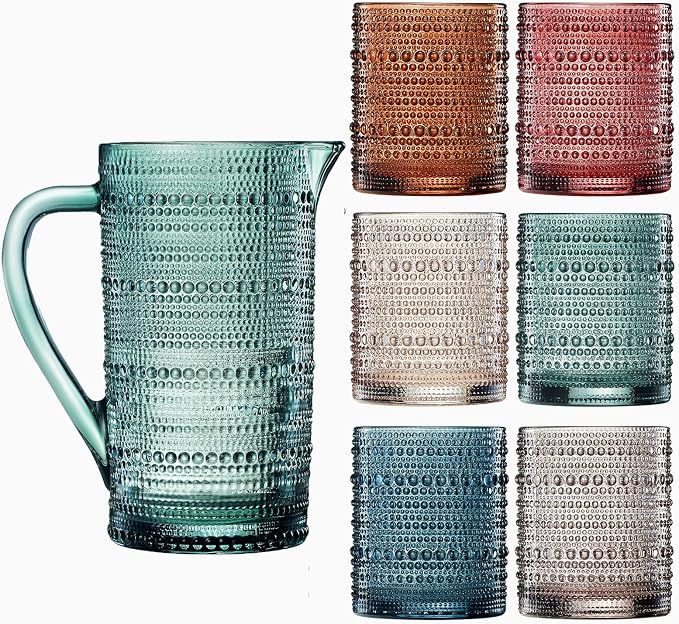 Khen Hobnail Beaded Pitcher & Tumbler Glasses Set | Set of 6 Glasses & Carafe| - Image 8
