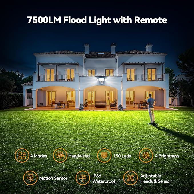 TECKNET 7500LM Motion Sensor Outdoor Lights, 150-LED 3-Head Security Light - Image 2