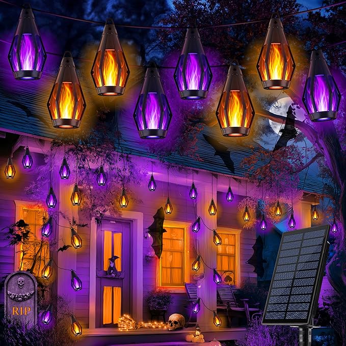 iBaycon Solar Halloween Lights, 42Ft 15 LED Bulbs Flickering Flame String Light by iBaycon
