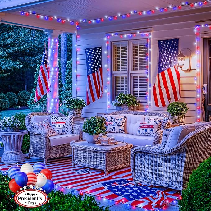 JMEXSUSS 2 Pack Red White and Blue Lights Outdoor, 33ft 100 LED 4th of July - Image 3