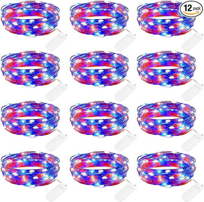 Brightown 4th of July Decor Patriotic Fairy Lights, 7 FT. Silver Wire Red White by Brightown