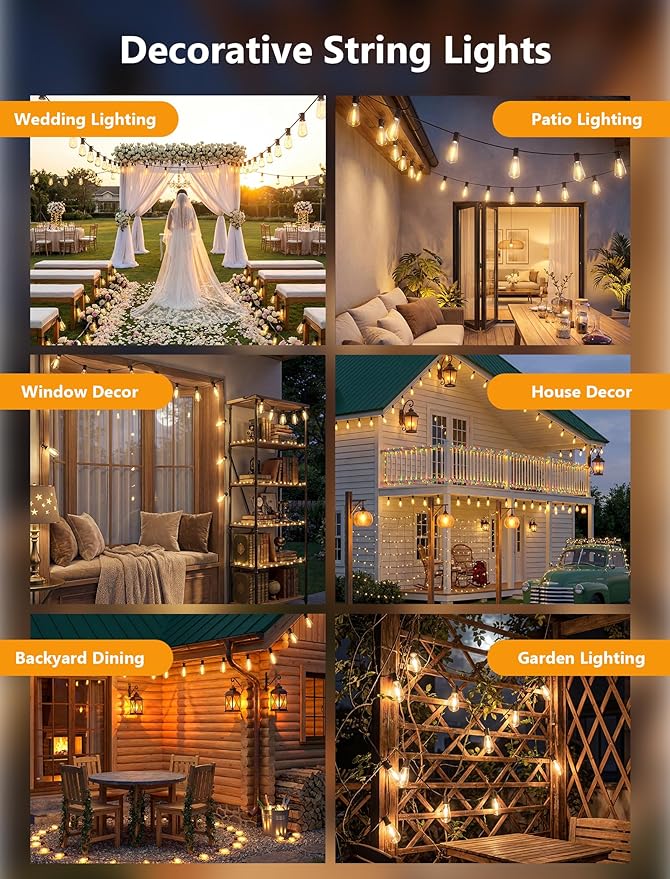 45FT Outdoor String Lights, 30 ST40 Shatterproof Vintage Edison Bulbs, Hanging - Image 7