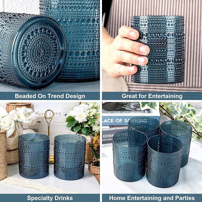YOUBET 24PCS Plastic Hobnail Drinking Glasses - 14 Oz Blue Vintage Glasses - Image 4
