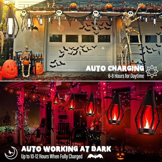iBaycon Solar Halloween Lights, 27Ft 10 LED Bulbs Flickering Flame String Light - Image 4