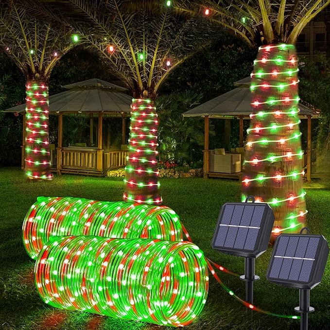 Solar Rope Lights, 2 Packs Total 66ft 200LED Solar String Lights, 8 Modes by Jnaurb