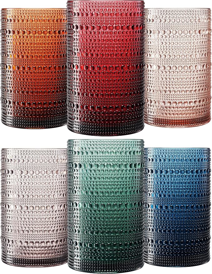 Khen Plastic Hobnail Drinking Highball Glasses Set of 6 Neutral Tones Cups 14oz by Khen